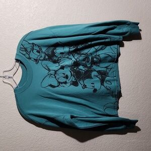 Disney Sweater Womens Size S teal Daisy Minnie Mickey Cropped Raw Hem Top